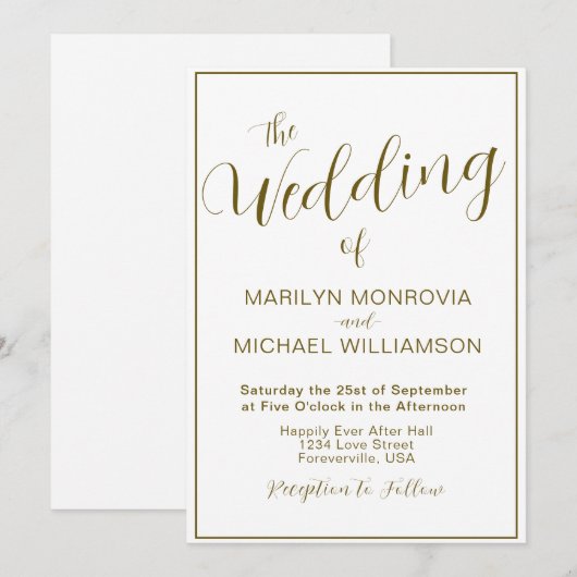 Gold en White Simple Elegant Wedding Invitation Kaart (Voorkant / Achterkant)