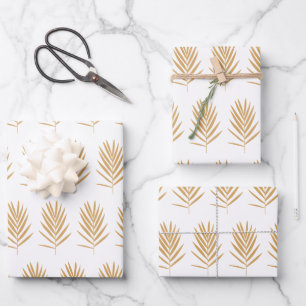 Gold- en White Tropical Palm Leaves Pattern Inpakpapier Vel