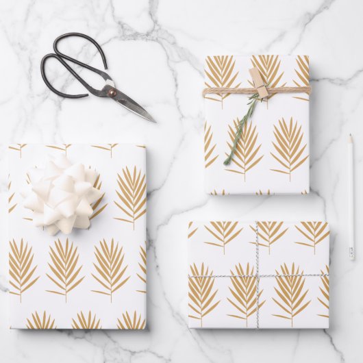 Gold- en White Tropical Palm Leaves Pattern Inpakpapier Vel (Voorkant)