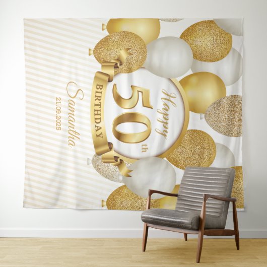 GOld en witte ballonnen 50e verjaardag achtergrond Wandkleed (In Situ (horizontaal))