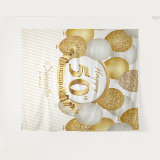 GOld en witte ballonnen 50e verjaardag achtergrond Wandkleed (Voorkant (horizontaal))