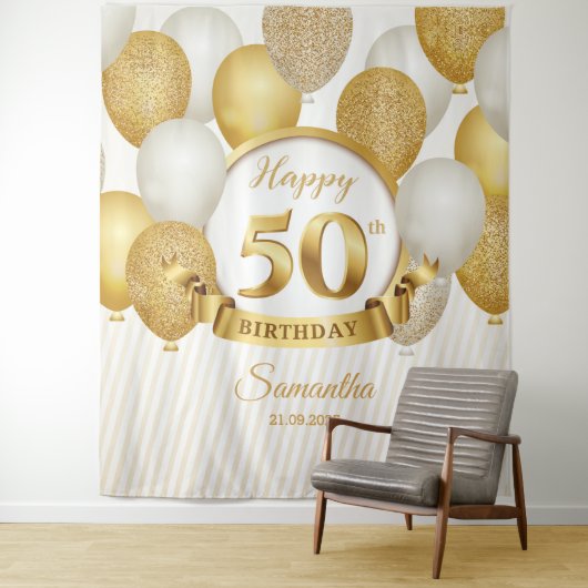 GOld en witte ballonnen 50e verjaardag achtergrond Wandkleed (In situ)