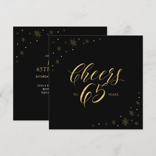 Gold en zwart | Cheers 65th Birthday Party Square Kaart (Voorkant / Achterkant)