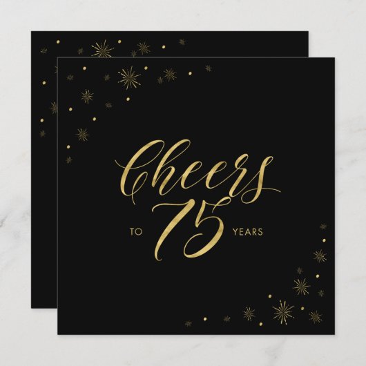 Gold en zwart | Cheers 75th Birthday Party Square Kaart (Voorkant / Achterkant)