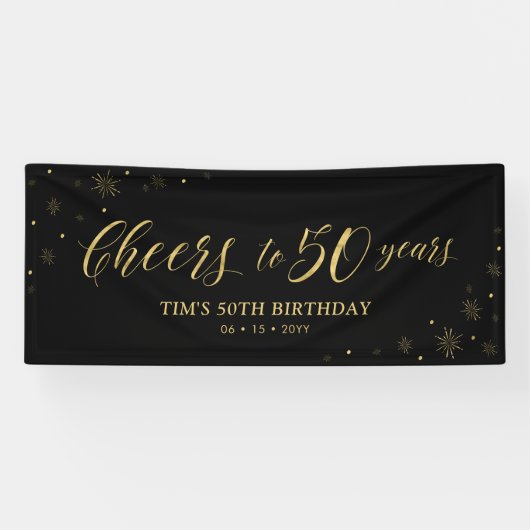 Gold en zwart | Cheers tot 50 jaar 50e verjaardag Spandoek (Horizontaal)