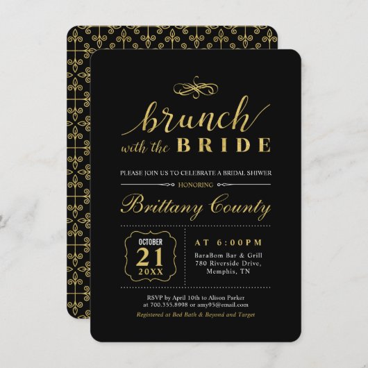 Gold en zwart | Elegant Wedding Bridal Brunch Kaart (Voorkant / Achterkant)