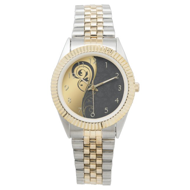 Gold- en zwart Floral-design Horloge (Voorkant)