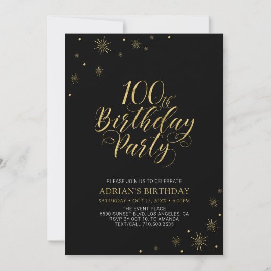 Gold en zwart | Modern Chic 100th Birthday Party Kaart (Voorkant)