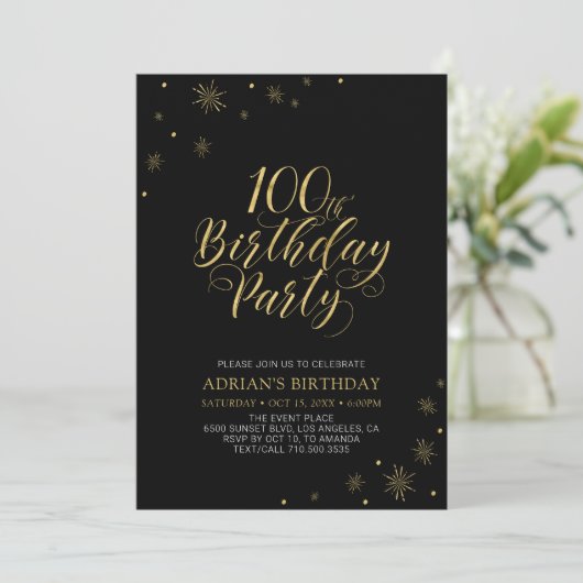 Gold en zwart | Modern Chic 100th Birthday Party Kaart (Staand voorkant)