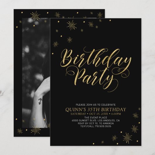 Gold en zwart | Modern Chic 35th Birthday Party Kaart (Voorkant / Achterkant)