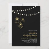 Gold en zwart | Modern String Lights Birthday Part Kaart (Voorkant)