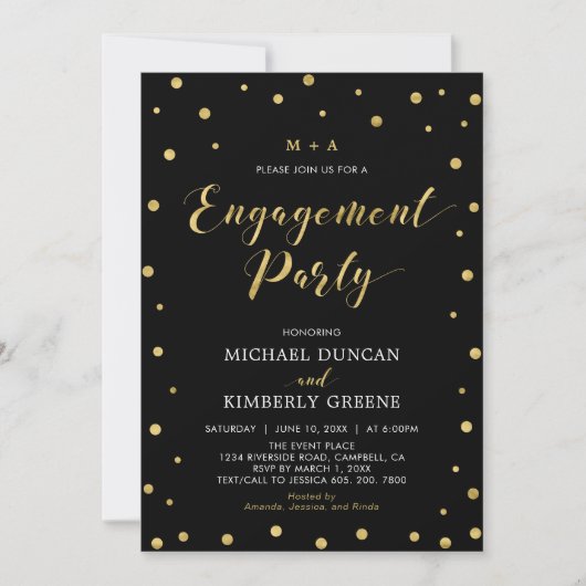 Gold en zwart | Moderne Confetti Engagement Party  Kaart (Voorkant)