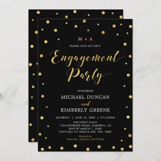 Gold en zwart | Moderne Confetti Engagement Party Kaart (Voorkant / Achterkant)