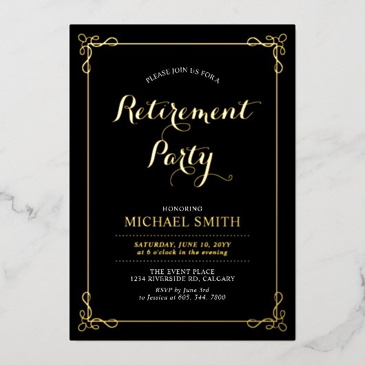 Gold en zwart | Pensioenpartij voor legant Classy Folie Uitnodiging (Voorkant)
