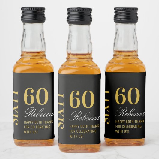Gold- en zwart-Script elegant 60th Birthday Party Likeurfles Etiket (Flessen)