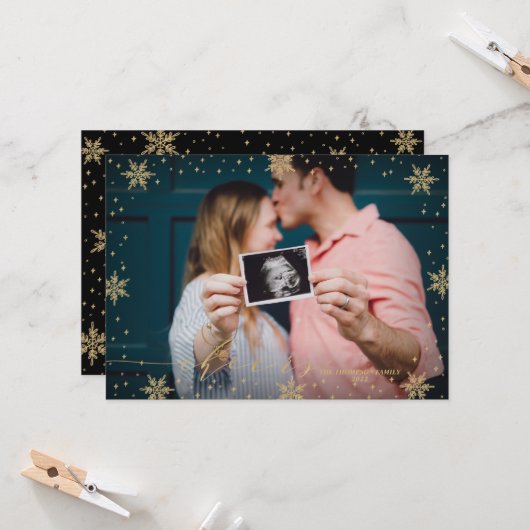 Gold en zwart | Snowflakes Cheers FotoKerstmis C Kaart (Voorkant / Achterkant in situ)