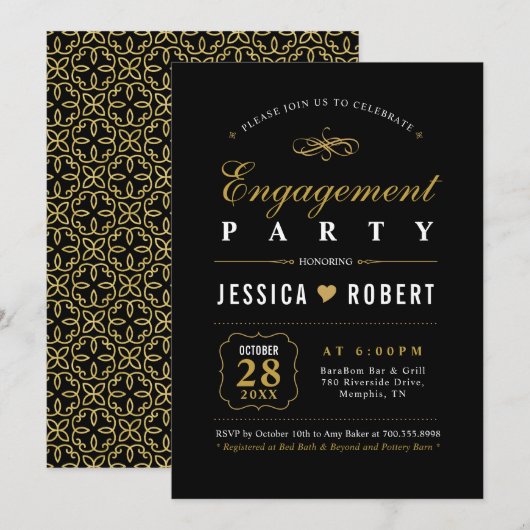 Gold en zwart | Uitnodiging van de partij Elegant  (Voorkant / Achterkant)