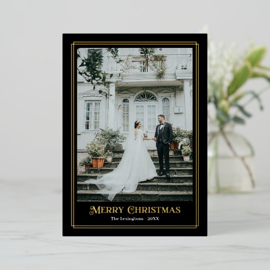 Gold- en zwarte decoratieve fotogrens folie feestdagenkaart (Staand Voorkant)