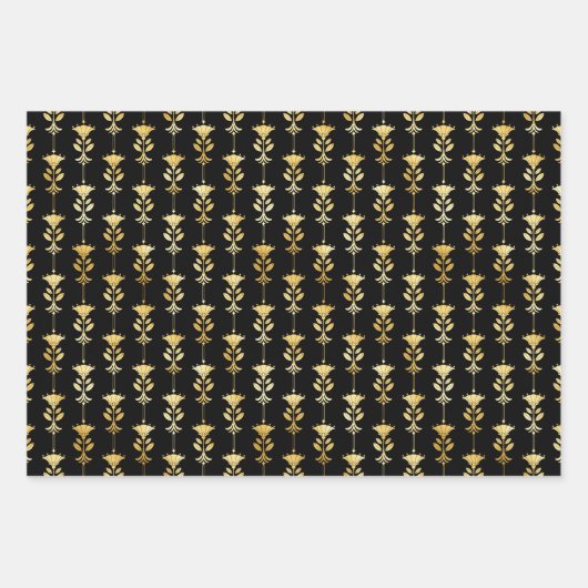 Gold- en zwarte Floral Art Deco-patronen Inpakpapier Vel (Voorkant 3)