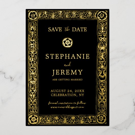 Gold en zwarte legant sparen de Datum Folie Uitnodiging (Voorkant)