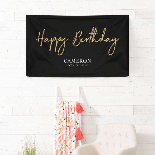 Gold- en zwarte, minimale aangepaste, Happy Birthd Spandoek (Insitu)