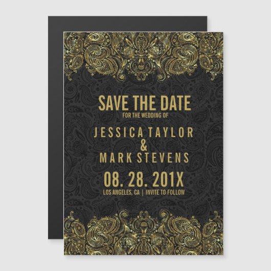 Gold- en zwarte Paisley-zijde en -maskers Magnetische Uitnodiging (Voorkant / Achterkant)