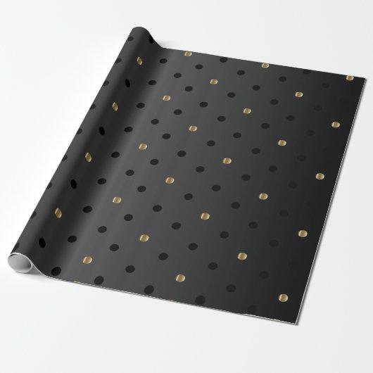 Gold- en zwarte poka-dots op de zwarte sheen cadeaupapier (Uitgerold)