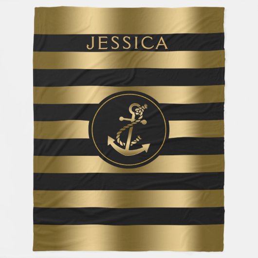 Gold- en zwarte strepen met gouden neusanker fleece deken (Voorkant)