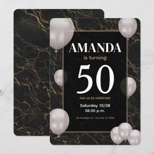 Gold en zwarte uitnodiging voor 50e verjaardag (Voorkant / Achterkant)