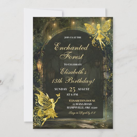 Gold Enchanted Forest Fairy Verjaardagsmeisje Kaart (Voorkant)