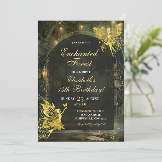 Gold Enchanted Forest Fairy Verjaardagsmeisje Kaart (Staand voorkant)