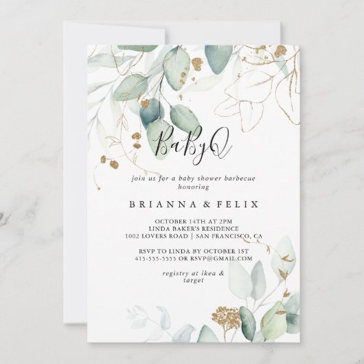 Gold Eucalyptus BabyQ Baby shower Barbecue Kaart (Voorkant)