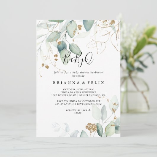 Gold Eucalyptus BabyQ Baby shower Barbecue Kaart (Staand voorkant)