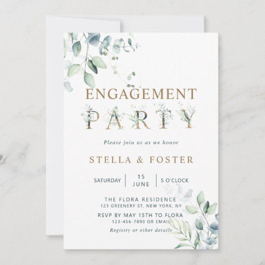 Gold Eucalyptus Botanische Letter Engagement Party Kaart (Voorkant)