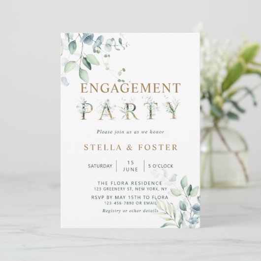 Gold Eucalyptus Botanische Letter Engagement Party Kaart (Staand voorkant)