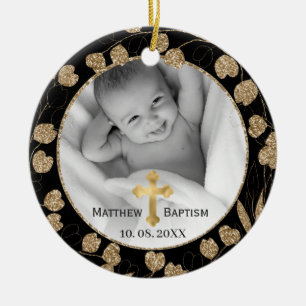Gold Eucalyptus Branch laat Baby Baptisme foto ach Keramisch Ornament