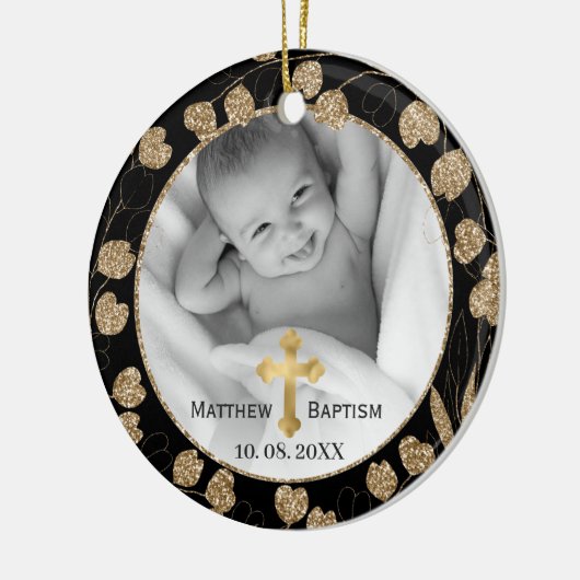 Gold Eucalyptus Branch laat Baby Baptisme foto ach Keramisch Ornament (Links)