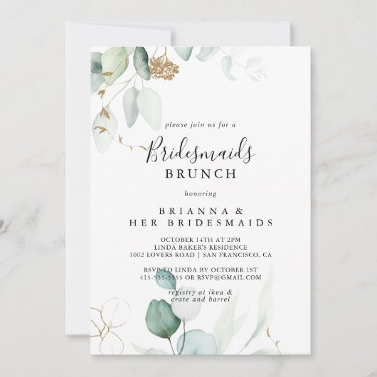 Gold Eucalyptus Bridesmaids Brunch Shower Kaart (Voorkant)