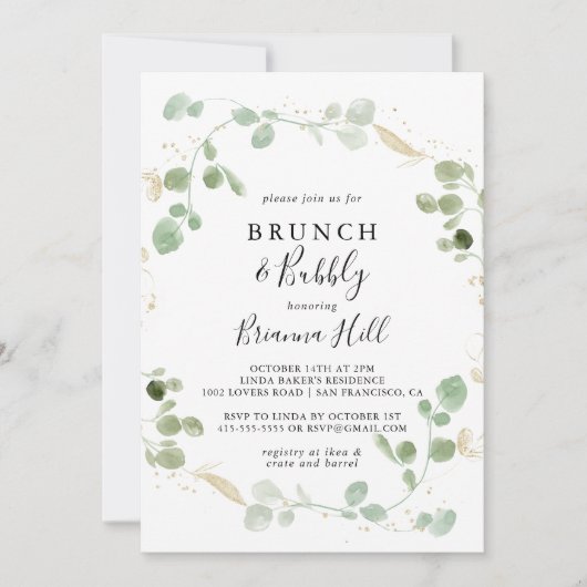 Gold Eucalyptus Brunch en Bubble Vrijgezellenfeest Kaart (Voorkant)