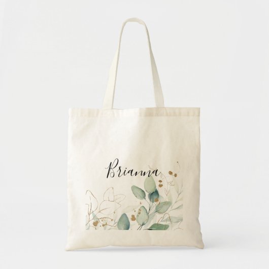 Gold Eucalyptus Calligrafie Bridesmaid Tote Bag (Voorkant)