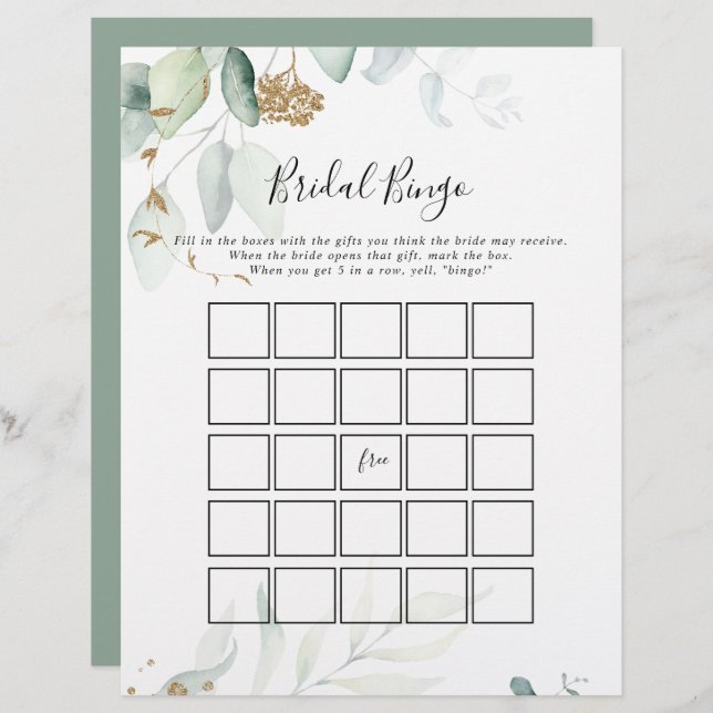Gold Eucalyptus Calligraphy Bridal Bingo Game (Voorkant / Achterkant)