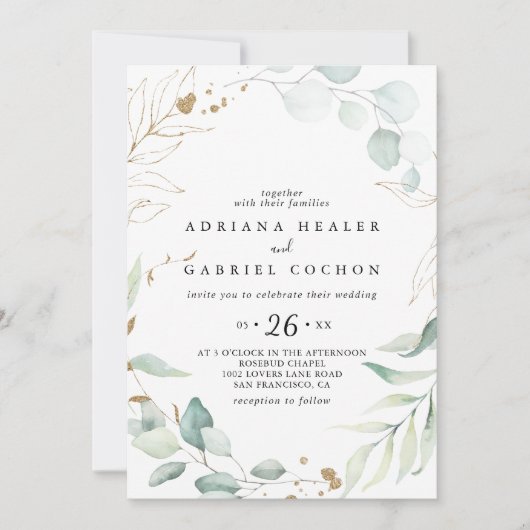 Gold Eucalyptus Calligraphy Casual Weddenschap Kaart (Voorkant)