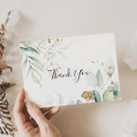 Gold Eucalyptus Calligraphy Flat Wedding Bedankkaart<br><div class="desc">Deze gouden eucalyptuskalligrafie met een platte bruiloft. Dank je wel, je kaart is perfect voor een ritje. Dit artistieke ontwerp kenmerkt handgetekende waterverf goud en groene bladeren, die de natuurlijke schoonheid inspireren. Geef de binnenkant van de kaart een persoonlijk tintje met uw namen en een dankjewel bericht. Of, verlaat de...</div>