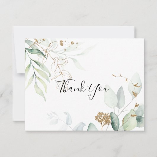 Gold Eucalyptus Calligraphy Flat Wedding Bedankkaart (Voorkant)