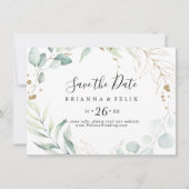 Gold Eucalyptus Calligraphy Horizontal Wedding Save The Date (Voorkant)