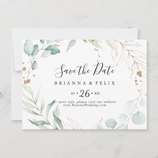 Gold Eucalyptus Calligraphy Horizontal Wedding Save The Date (Voorkant)