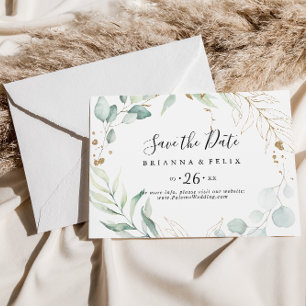 Gold Eucalyptus Calligraphy Horizontal Wedding Save The Date