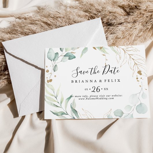 Gold Eucalyptus Calligraphy Horizontal Wedding Save The Date