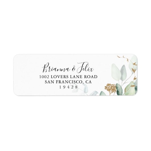 Gold Eucalyptus Calligraphy Return Address Label (Voorkant)