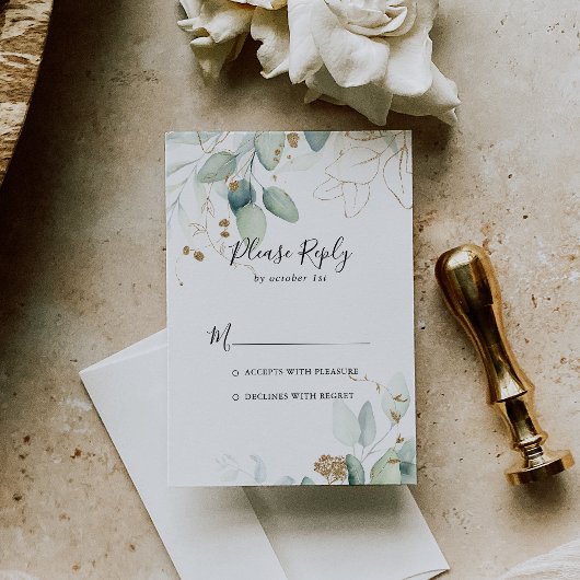 Gold Eucalyptus Calligraphy RSVP Kaartje